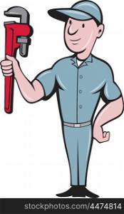 Illustration of a repairman handyman worker wearing hat standing with one hand on hips carrying holding monkey wrench looking to the side viewed from front set on isolated white background done in cartoon style. . Handyman Monkey Wrench Standing Cartoon