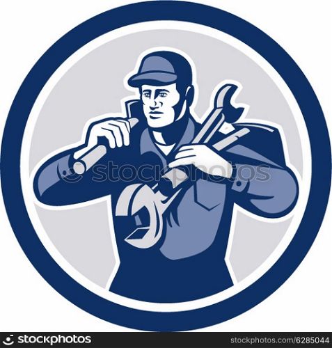 Illustration of a repairman mechanic tradesman handyman worker carrying spanner wrench and spade viewed from front iset inside circle on isolated background done in retro style.. Handyman Repairman Spanner Wrench Spade Retro