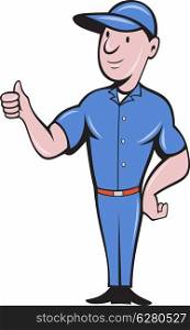 illustration of a Repairman trade worker with thumbs up cartoon style standing front on isolated background. Repairman tradesman worker thumbs up
