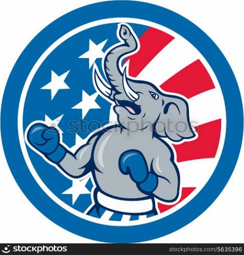 Illustration of a republican elephant boxer mascot of the republican party with stars and stripes in the background set inside circle done in cartoon style. . Republican Elephant Boxer Mascot Circle Cartoon