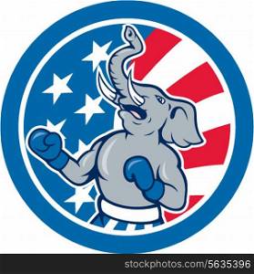 Illustration of a republican elephant boxer mascot of the republican party with stars and stripes in the background set inside circle done in cartoon style. . Republican Elephant Boxer Mascot Circle Cartoon