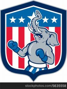 Illustration of a republican elephant boxer mascot of the republican party with stars and stripes in the background set inside shield crest done in cartoon style. . Republican Elephant Boxer Mascot Shield Cartoon