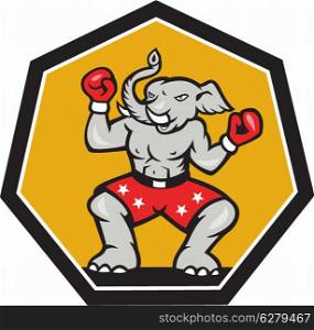 Illustration of a republican elephant mascot boxer boxing with gloves set inside shield pentagon shape done in cartoon style.. Elephant Mascot Boxer Cartoon