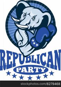 Illustration of a republican elephant mascot boxer boxing with gloves set inside circle done in retro style.