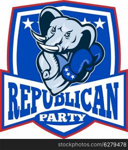Illustration of a republican elephant mascot boxer boxing with gloves set inside shield done in retro style.