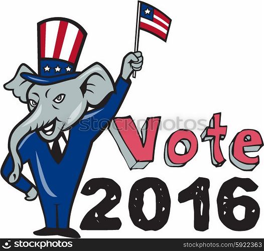 Illustration of a republican elephant mascot of the republican grand old party gop smiling looking to the side with one hand on hip and the other waving american usa flag wearing american stars and stripes hat and suit done in cartoon style set on isolated white background with words Vote 2016.. Vote 2016 Republican Mascot Waving Flag Cartoon