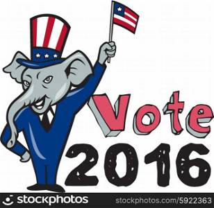 Illustration of a republican elephant mascot of the republican grand old party gop smiling looking to the side with one hand on hip and the other waving american usa flag wearing american stars and stripes hat and suit done in cartoon style set on isolated white background with words Vote 2016.. Vote 2016 Republican Mascot Waving Flag Cartoon
