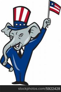 Illustration of a republican elephant mascot of the republican grand old party gop smiling looking to the side with one hand on hip and the other waving american usa flag wearing american stars and stripes hat and suit done in cartoon style set on isolated white background. . Republican Mascot Elephant Waving US Flag Cartoon