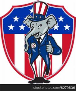 Illustration of a republican elephant mascot of the republican grand old party gop wearing hat and suit thumbs up set inside American stars and stripes flag shield done in cartoon style.