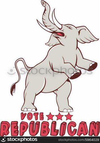 Illustration of a republican elephant mascot of the republican party prancing looking up to the side set on isolated white background done in cartoon style with words Vote Republican.. Vote Republican Elephant Mascot Cartoon