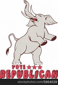 Illustration of a republican elephant mascot of the republican party prancing looking up to the side set on isolated white background done in cartoon style with words Vote Republican.. Vote Republican Elephant Mascot Cartoon