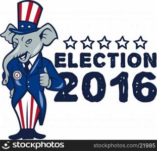 Illustration of a republican elephant mascot of the republican party standing wearing hat and suit thumbs set on isolated white background done in cartoon style with words Election 2016.. US Election 2016 Republican Mascot Thumbs Up Cartoon