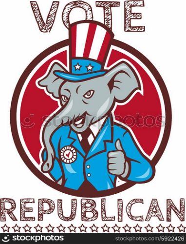 Illustration of a republican elephant mascot of the republican party wearing hat and suit thumbs set inside circle done in cartoon style with words Vote Republican. Vote Republican Elephant Mascot Thumbs Up Circle Cartoon