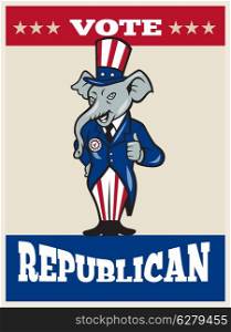Illustration of a republican elephant mascot of the republican party wearing hat and suit thumbs done in cartoon style with words vote republican
