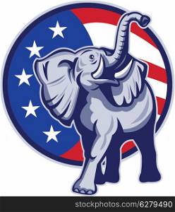 Illustration of a republican elephant mascot with American USA stars and stripes flag circle done in retro style.