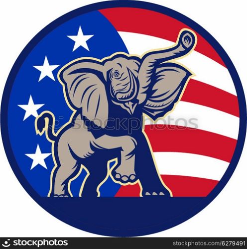 Illustration of a republican elephant mascot with American USA stars and stripes flag done in retro style.