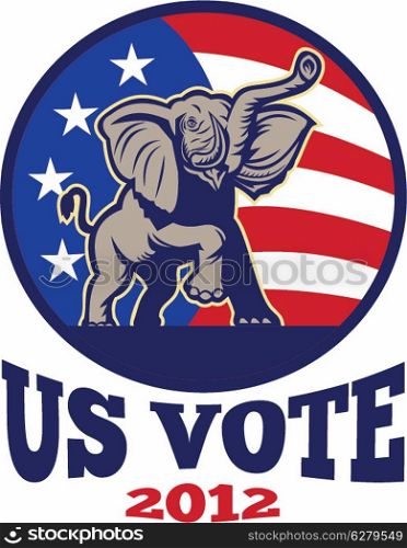 Illustration of a republican elephant mascot with American USA stars and stripes flag done in retro style with words us vote 2012