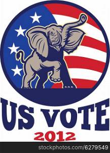 Illustration of a republican elephant mascot with American USA stars and stripes flag done in retro style with words us vote 2012