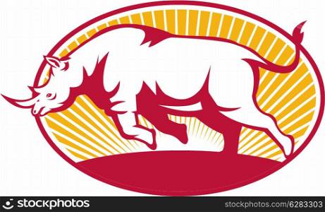 Illustration of a rhinoceros charging side view set inside oval done in retro style.