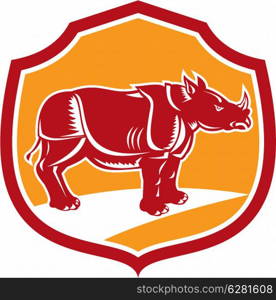 Illustration of a rhinoceros standing side view set inside shield crest on isolated background done in retro style.