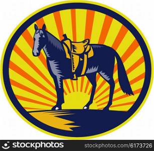 Illustration of a riderless horse with old style western saddle on ranch fence set inside oval shape with sunburst in background done in retro woodcut style. . Horse Western Saddle Oval Woodcut