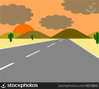 Illustration of a road on both sides of the road with a desert and cactus At sunset.