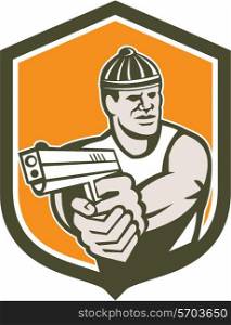 Illustration of a robber criminal gangster pointing gun set inside shield crest on isolated background done in retro style.