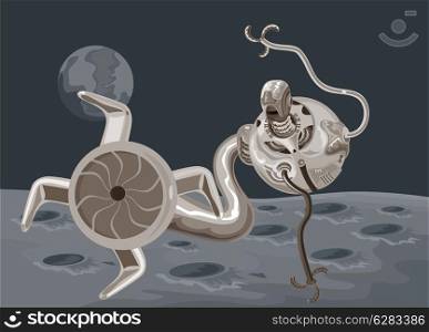 Illustration of a robot umbilical cord outside space done in retro style. . Robot Umbilical Cord