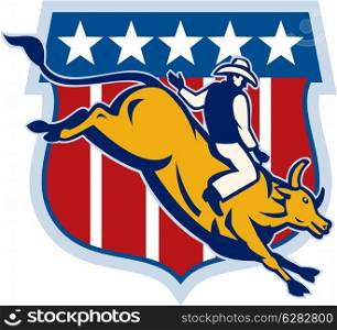 illustration of a Rodeo cowboy bull riding with american shield isolated on white. Rodeo cowboy bull riding
