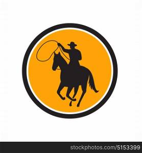 Illustration of a Rodeo Cowboy riding horse with lasso rope Team Roping set inside Circle done in retro style.. Rodeo Cowboy Team Roping Circle