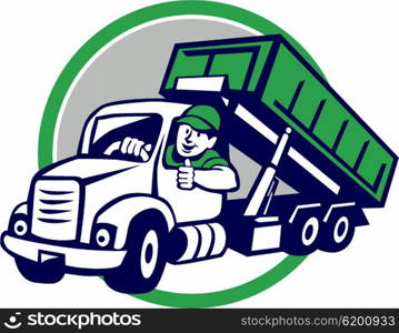 Illustration of a roll-off bin truck driver smiling with thumbs up viewed from front set inside circle done in cartoon style. . Roll-Off Bin Truck Driver Thumbs Up Circle Cartoon