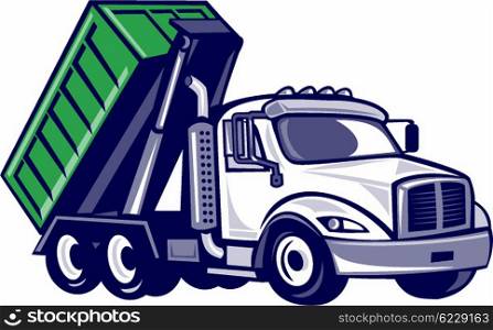 Illustration of a roll-off truck with container bin on back viewed from side set on isolated white background done in cartoon style. . Roll-Off Truck Bin Truck Cartoon