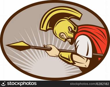 illustration of a Roman soldier or gladiator attacking with spear. Roman soldier or gladiator attacking with spear