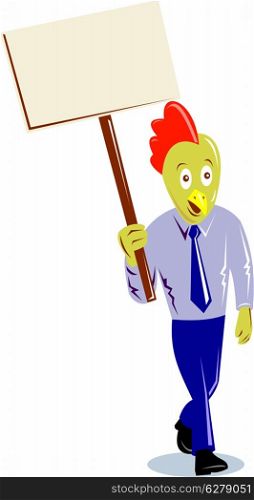 Illustration of a rooster chicken office worker employee walking protesting with placard sign on isolated white background.. rooster chicken office worker protesting placard sign