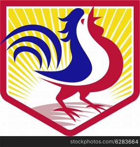 Illustration of a rooster cockerel crowing facing side set inside crest shield with sunburst done in retro style. Rooster Cockerel Crowing Crest