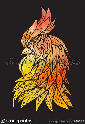 Illustration of a rooster head with boho pattern and watercolor background. Fire rooster. Sketch of tattoo prints on T-shirts. Illustration of a rooster head with boho pattern and watercolor