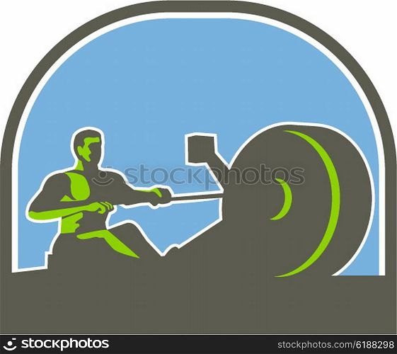 Illustration of a rower exercising on a rowing machine viewed from the side set inside half circle done in retro style. . Rower Rowing Machine Half Circle Retro