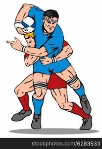 Illustration of a rugby lock being tackled from behind done in retro style. . Rugby Player Tackled from behind