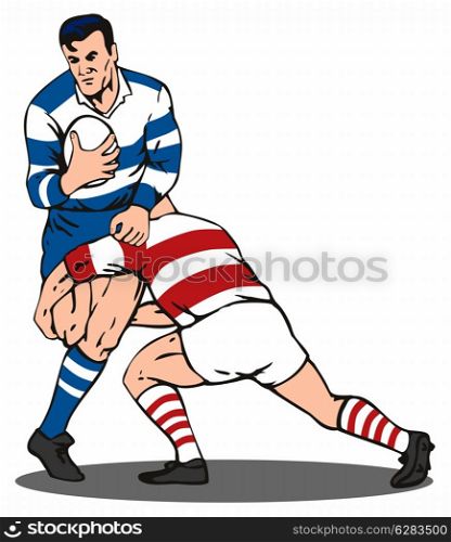 Illustration of a rugby lock being tackled from the front done in retro style.