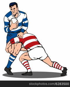 Illustration of a rugby lock being tackled from the front done in retro style.