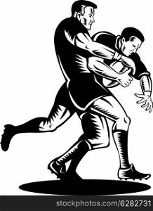 illustration of a rugby player being tackled with the ball on isolated background done in retro woodcut style. rugby player tackle the ball