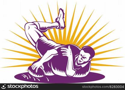 illustration of a rugby player diving to score a try on isolated background done in retro woodcut style. rugby player diving to score a try