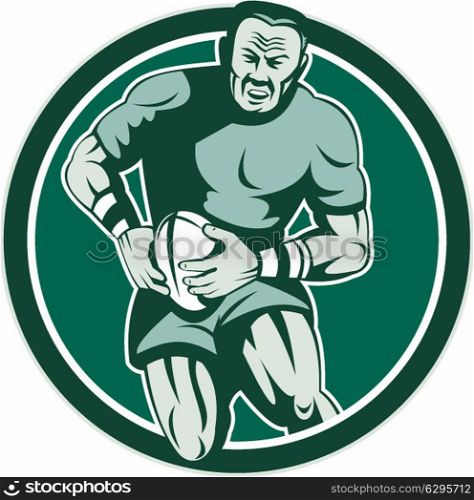 Illustration of a rugby player holding ball running charging attacking viewed from front set inside circle on isolated background done in retro style. . Rugby Player Running Attacking Circle Retro