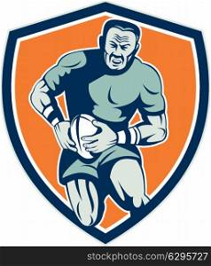 Illustration of a rugby player holding ball running charging attacking viewed from front set inside shield crest on isolated background done in retro style. . Rugby Player Running Attacking Shield Retro