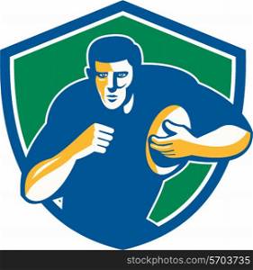 Illustration of a rugby player holding ball running charging fending facing front set inside shield crest on isolated background done in retro style. . Rugby Player Running Fending Shield Retro