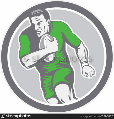 Illustration of a rugby player holding ball running charging set inside circle on isolated background done in retro style. . Rugby Player Running Ball Circle Retro