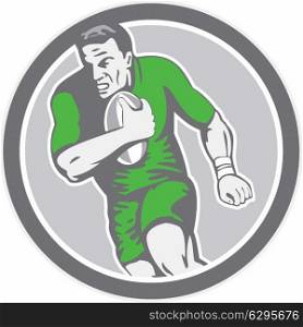 Illustration of a rugby player holding ball running charging set inside circle on isolated background done in retro style. . Rugby Player Running Ball Circle Retro