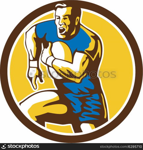 Illustration of a rugby player holding ball running goose steps charging set inside circle on isolated background done in retro style. . Rugby Player Running Goose Steps Circle Retro