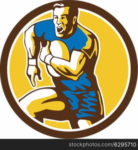 Illustration of a rugby player holding ball running goose steps charging set inside circle on isolated background done in retro style. . Rugby Player Running Goose Steps Circle Retro