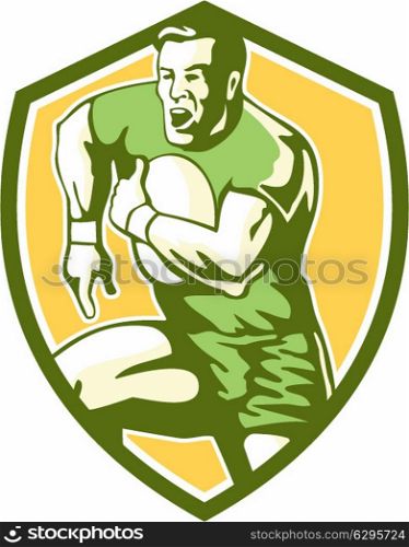 Illustration of a rugby player holding ball running goose steps charging set inside shield crest on isolated background done in retro style. . Rugby Player Running Goose Steps Shield Retro